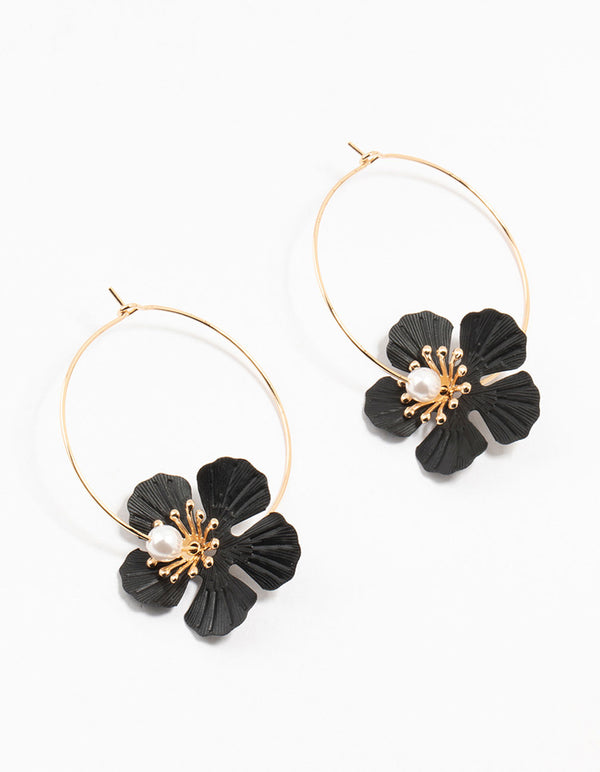 Gold & Black Coated Textured Pearl Flower Hoop Earrings