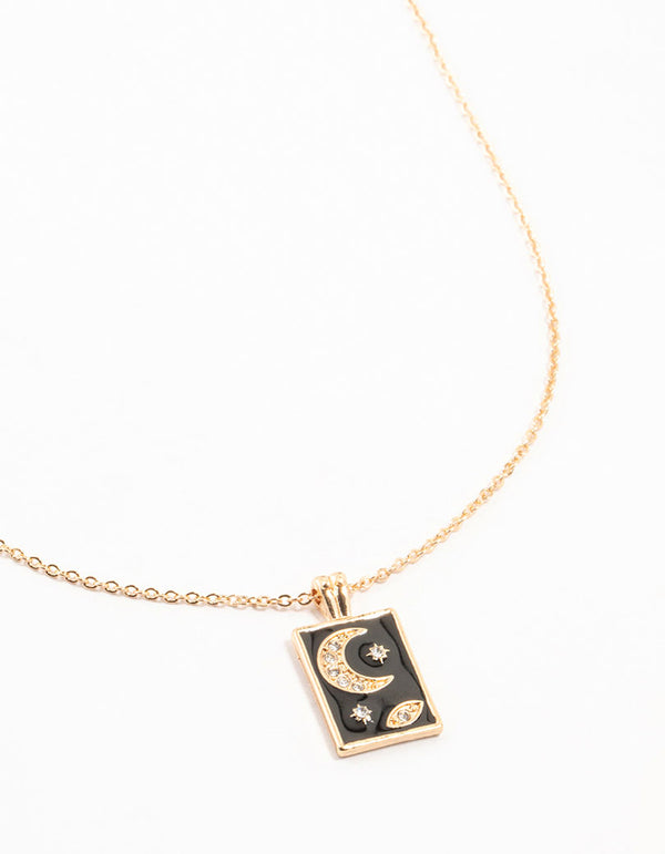 Gold & Black Diamante Moon & Stars Tag Necklace