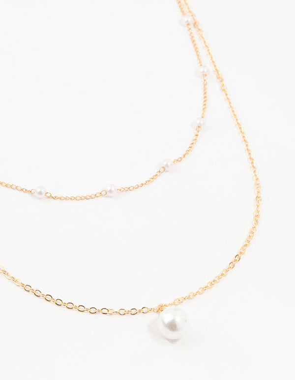 Gold Station Pearl Pendant Layered Necklace