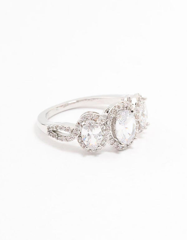 Rhodium Oval Trio Cubic Zirconia Ring