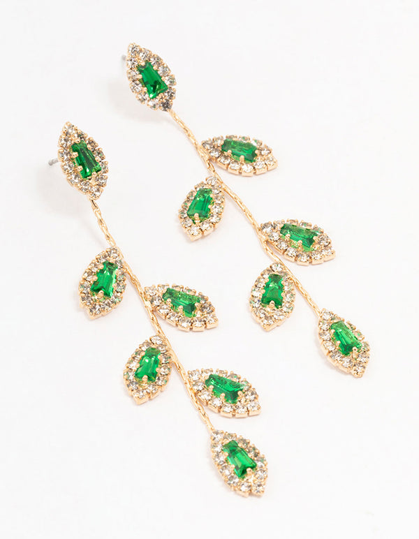 Gold Green Diamante Leaf Drop Earrings