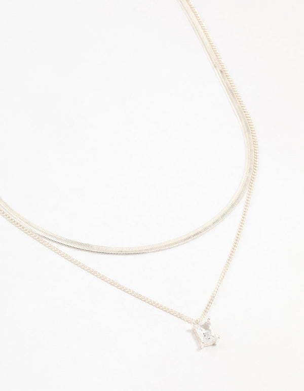 Silver Plated Baguette Diamante & Snake Chain Necklaces 2-Pack