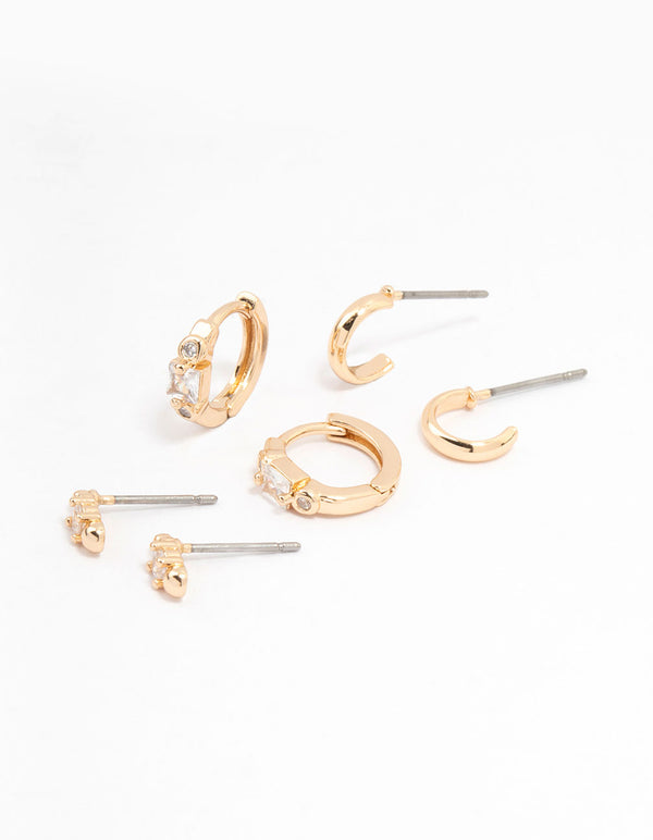 Gold Round & Square Stone Earrings 3-Pack