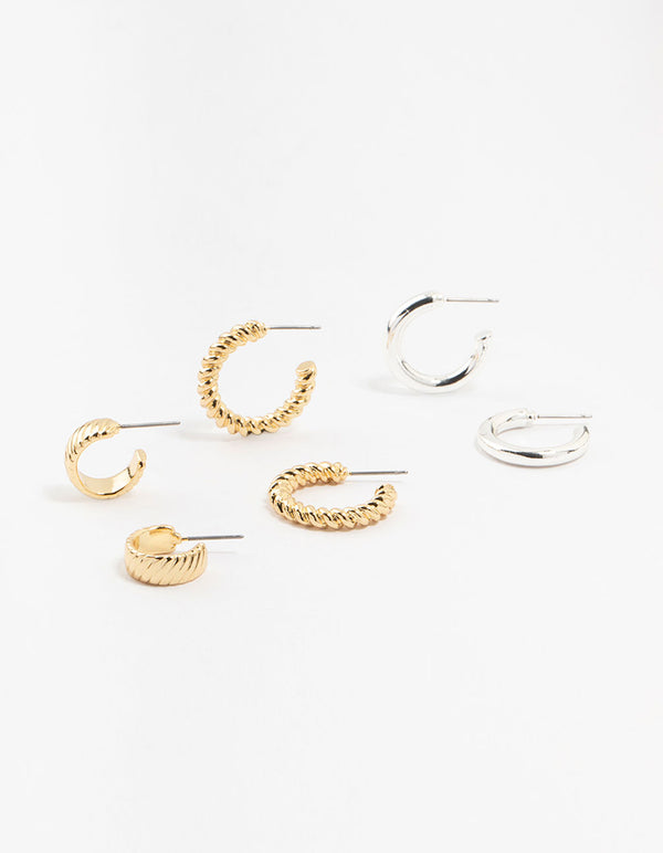 Mixed Metals Twisted & Plain Hoop Earrings 3-Pack