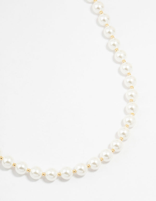 Gold Plated Alternating Medium Pearl & Ball Necklace