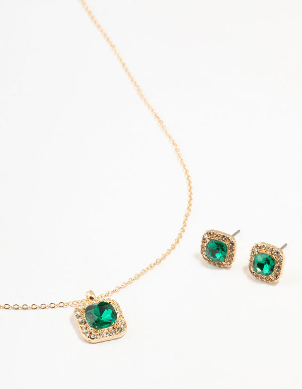 Gold Square Halo Green Diamante Necklace & Stud Earrings Set