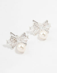 Small Cubic Zirconia Bow & Pearl Silver Stud Earrings - link has visual effect only