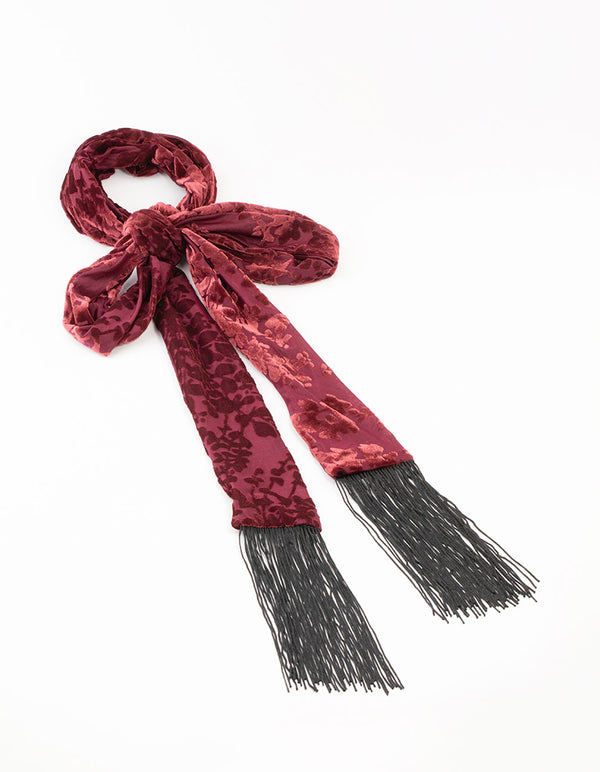 Burgundy Devore Velvet Fabric Fringe Scarf