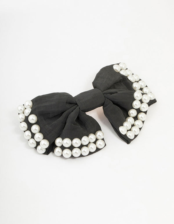 Black & White Short Pearl Bow Barrette Clip