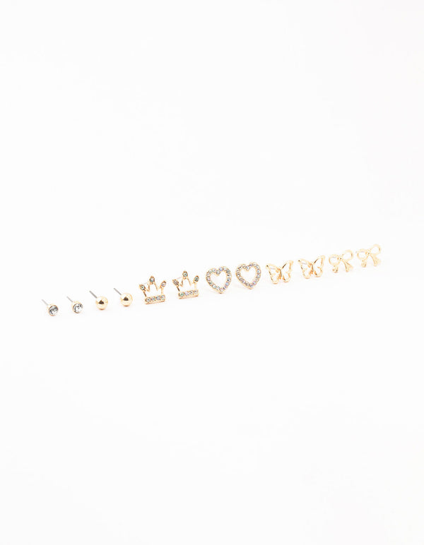 Kids Gold Diamante & Heart Stud Earrings Pack