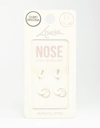 Surgical Steel Twisted Nose Rings & Cubic Zirconia Nose Stud 4-Pack - link has visual effect only