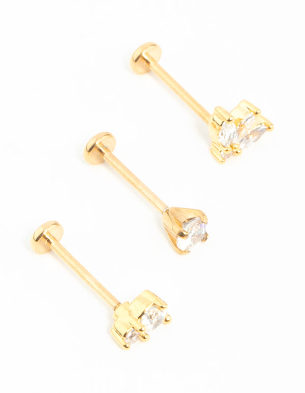 Gold Plated Surgical Steel Double Cubic Zirconia Flat Backs 3-Pack