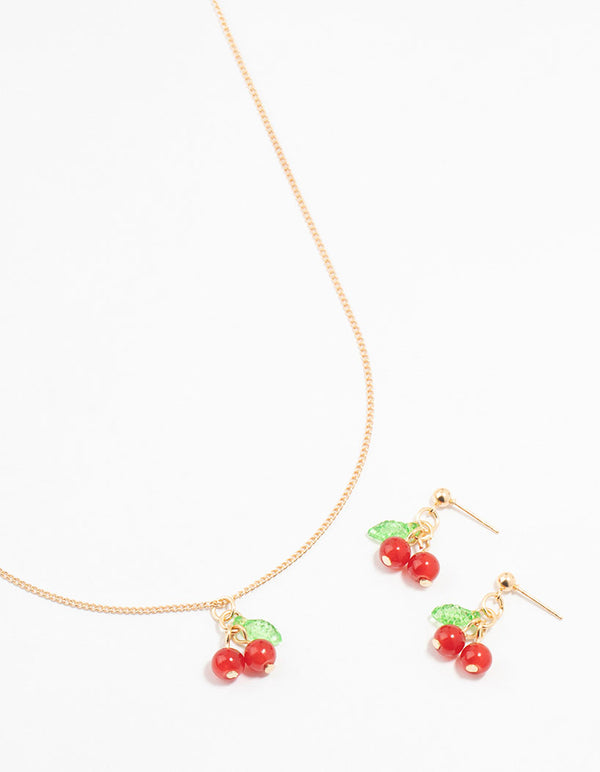 Gold Cherry Necklace & Earrings Set