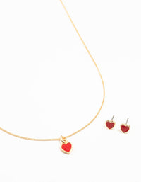 Red Enamel Heart Gold Necklace & Earrings Set - link has visual effect only