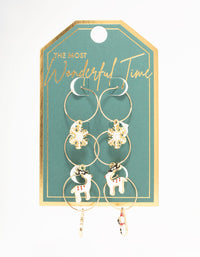 Gold Reindeer & Winter Charms Hoop Earrings 3-Pack - link has visual effect only