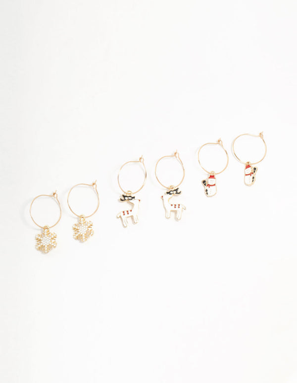 Gold Reindeer & Winter Charms Hoop Earrings 3-Pack