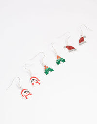 Silver Holly, Santa & Penguin Drop Earrings 3-Pack - link has visual effect only