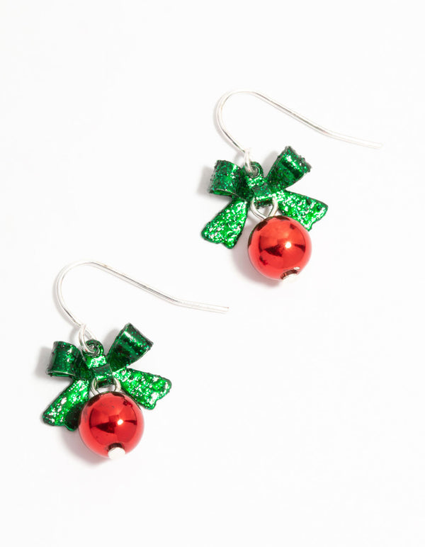 Green Bow & Red Bell Drop Earrings