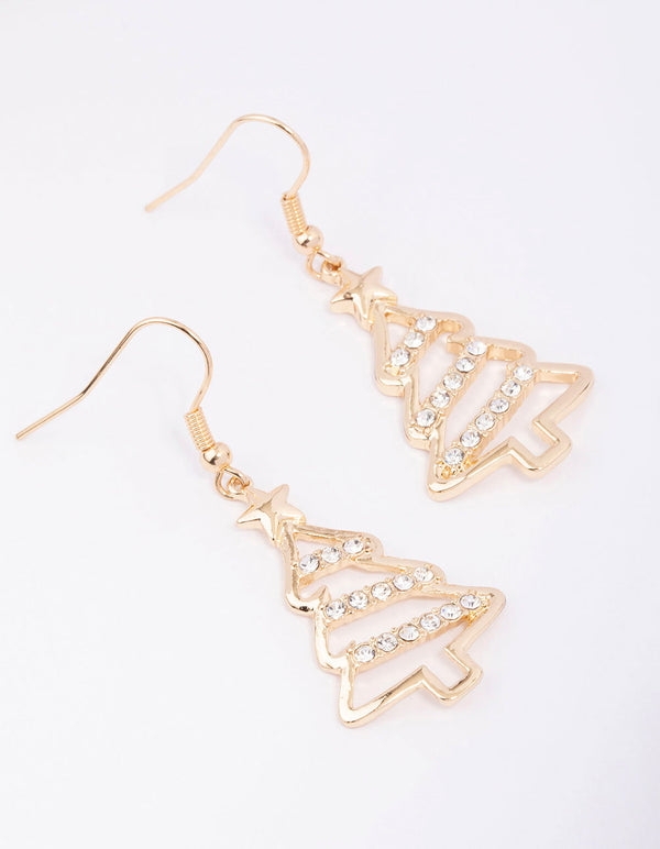 Gold Diamante Tree Drop Earrings