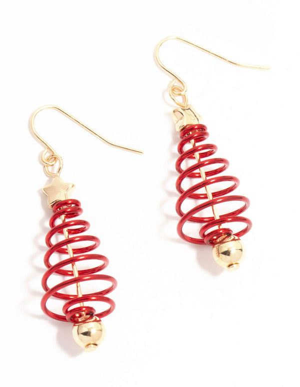 Red & Gold Spiral Tree Drop Earrings