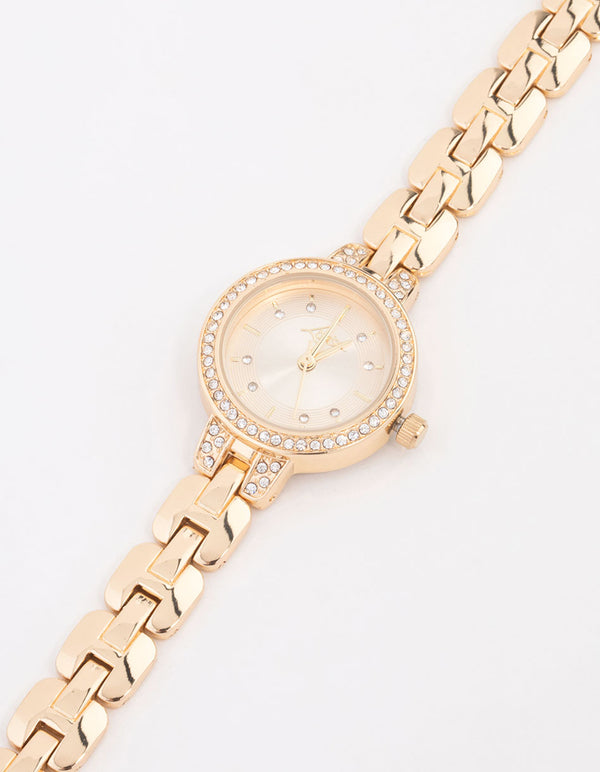 Small Gold Diamante Round Strap Watch