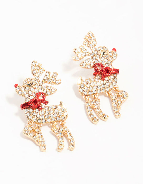 Diamante Reindeer Gold Earrings