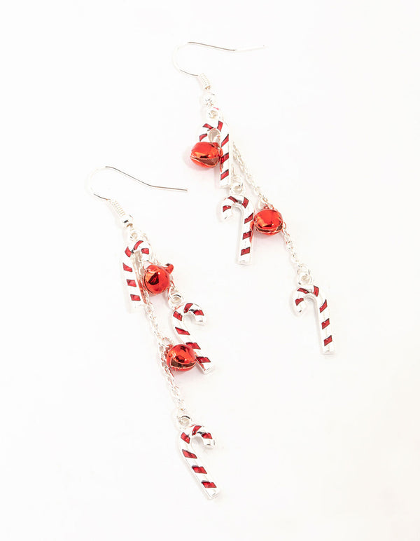 Rhodium Candy Canes & Bells Drop Earrings