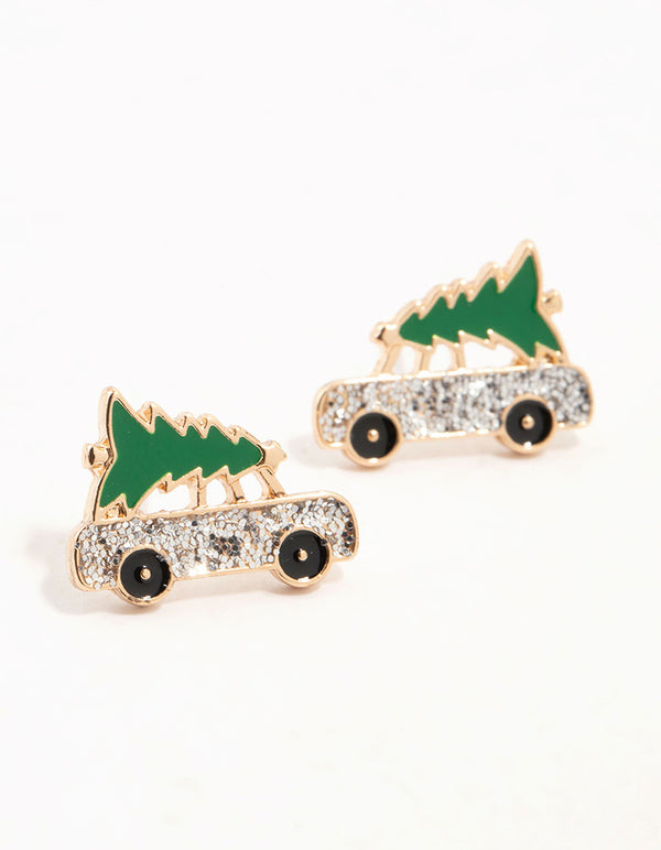 Gold Mini Car Tree Earrings