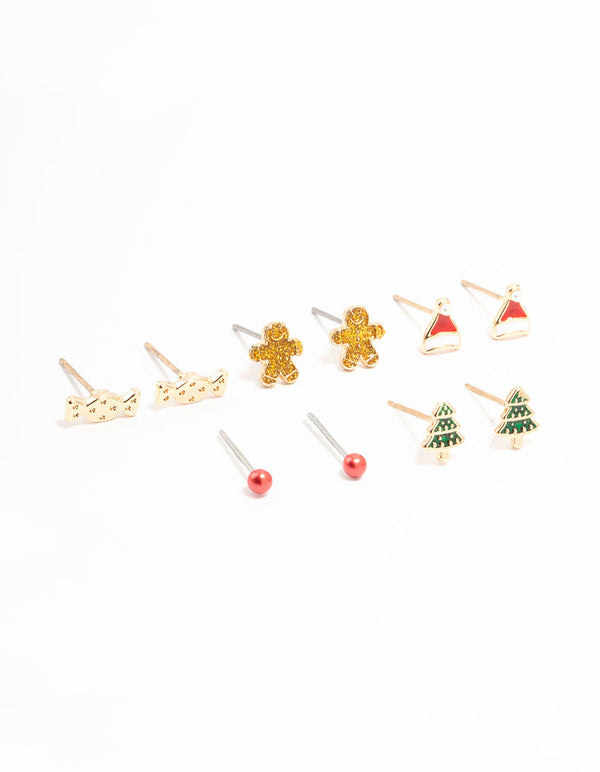 Candy & Tree Small Gold Stud Earrings 5-Pack