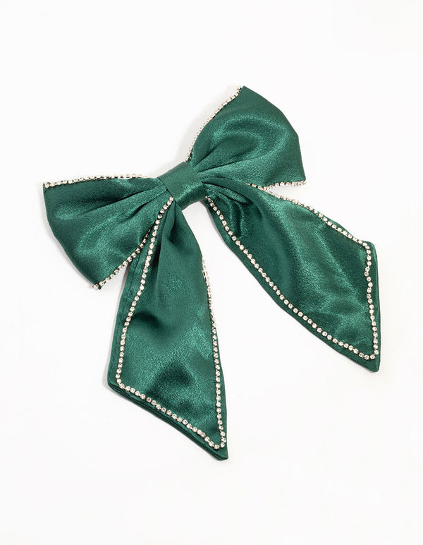 Green Fabric Diamante Cup Chain Bow Clip