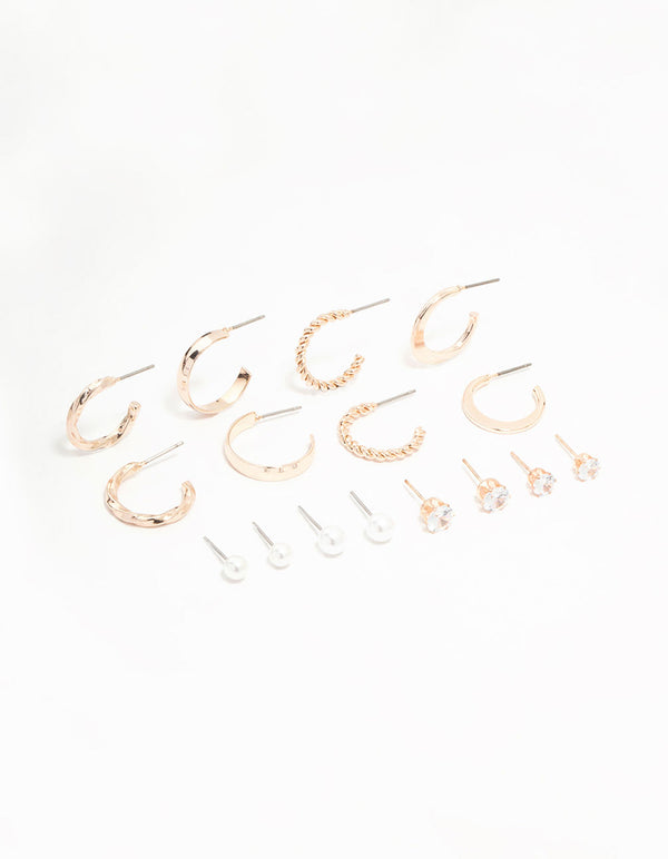 Rose Gold Pearl & Diamante Hoop Earrings 8-Pack