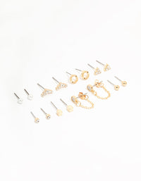 Gold Stud & Chain Diamante Earrings 8-Pack - link has visual effect only