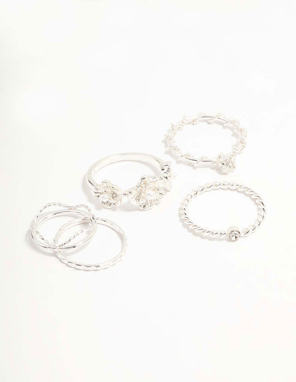 Silver Twisted, Sleek & Diamante Flower Style Rings 6-Pack