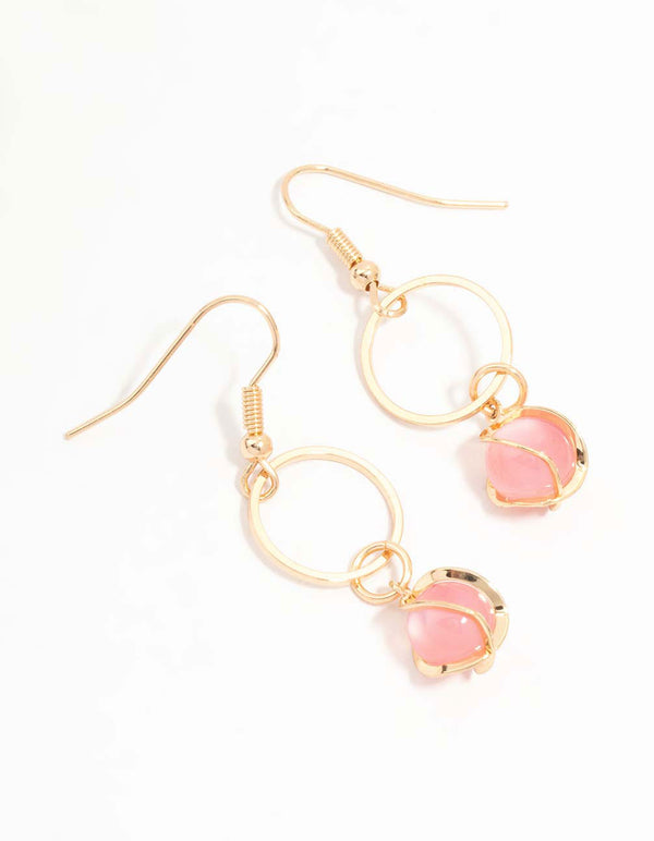 Rose Gold Cat Eye Pink Ball Twirl Drop Earrings