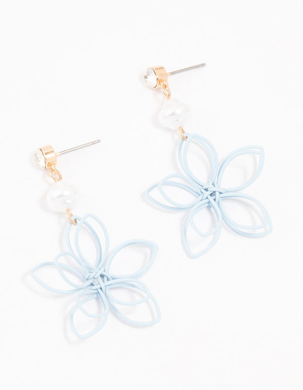 Blue Coated Wire Flower Pearl Drop Earrings