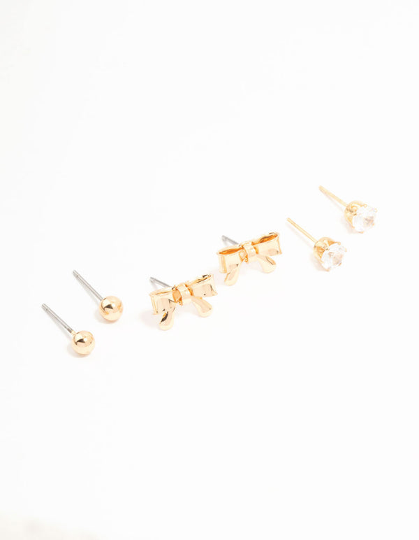 Gold Diamante, Sleek & Bow Stud Earrings 3-Pack