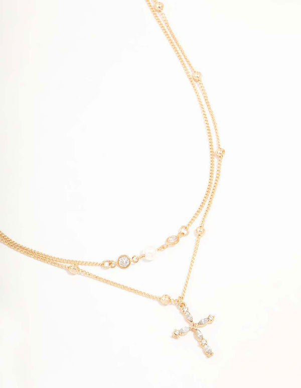 Gold Layered Diamante Cross & Pearl Necklace