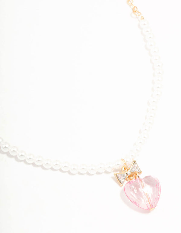 Gold Pearl & Pink Faceted Bead Heart Necklace