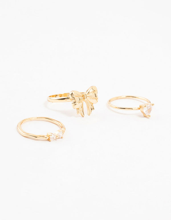 Gold Plated Bow Cubic Zirconia & Heart Rings 3-Pack