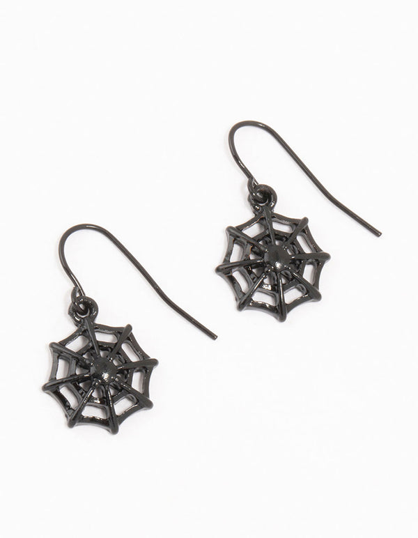 Black Coated Metal Spiderweb Drop Earrings