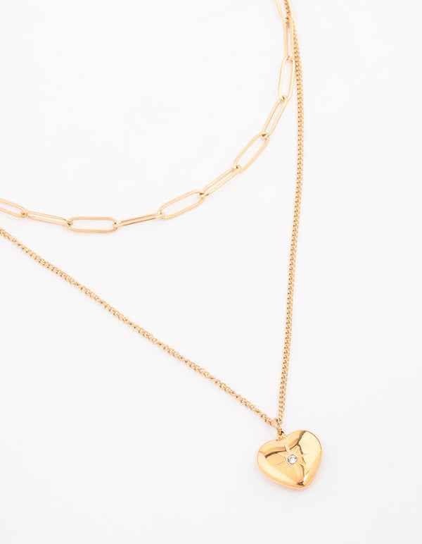 Waterproof Gold Plated Stainless Steel Heart Layered Pendant Necklace