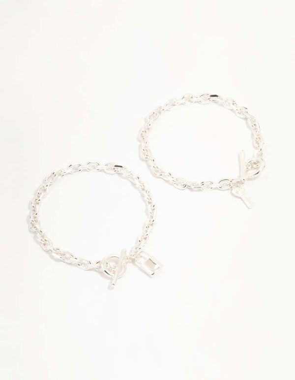 Silver Chunky Lock & Key Bracelets 2-Pack