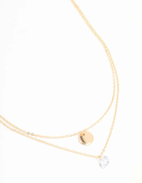 Gold Disc & Diamante Heart Layered Necklace