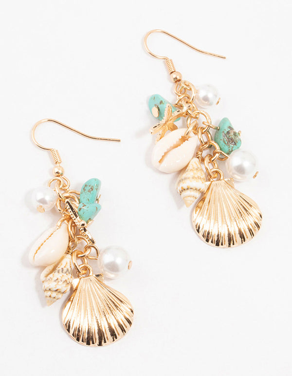 Gold Shell, Pearl & Blue Stone Drop Earrings