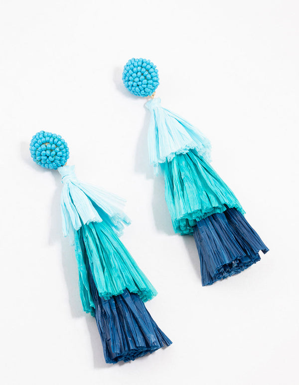 Layered Blue Raffia Tassel Drop Earrings