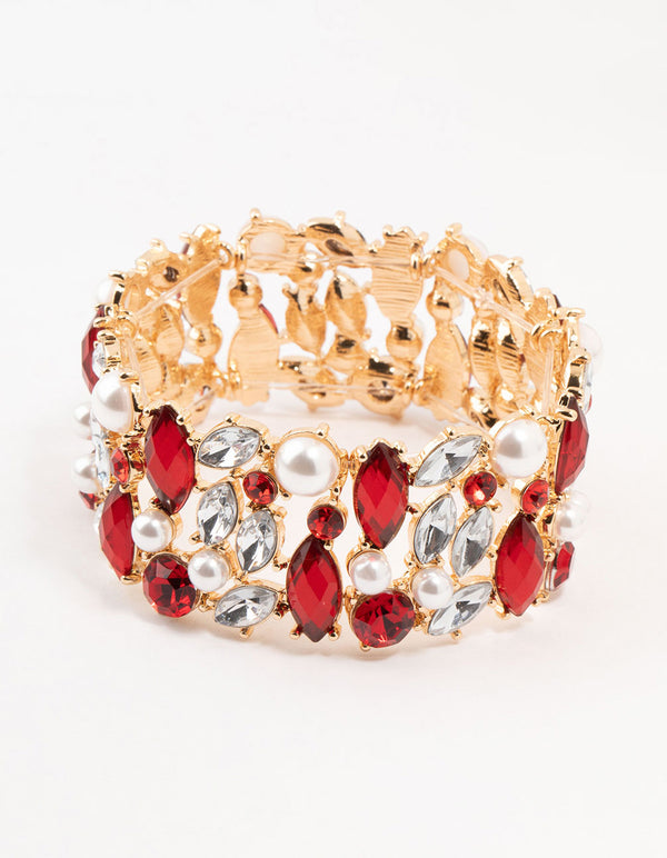 Gold Marquise Pearl & Red Diamante Stretch Bracelet