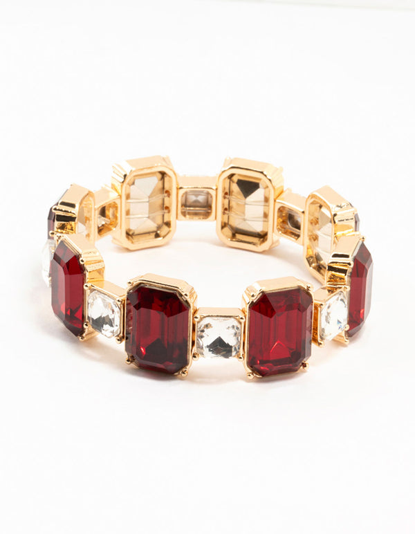 Gold Red Rectangular & Square Diamante Stretch Bracelet