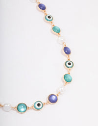 Blue Stone & Evil Eye Motif Gold Necklace - link has visual effect only