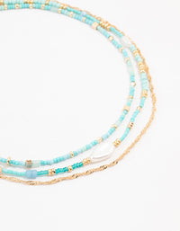 Blue Beaded,,Gold & Pearl Layered Choker - link has visual effect only