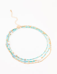 Blue Beaded,,Gold & Pearl Layered Choker - link has visual effect only